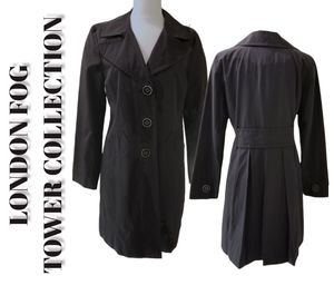 London Fog Tower Collection Water Resistant Pleated Back Trench Black Coat Sz S